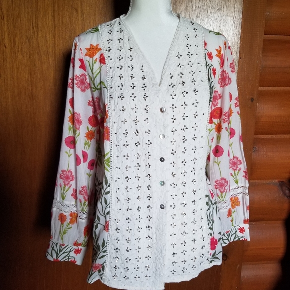 Soft Surroundings Floral Semi Sheer Long Sleeve Blouse Sz PM - Picture 1 of 8